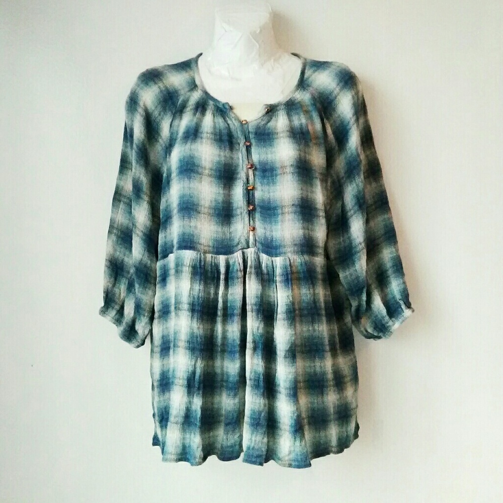 Maeve Blue Plaid Boho Top
